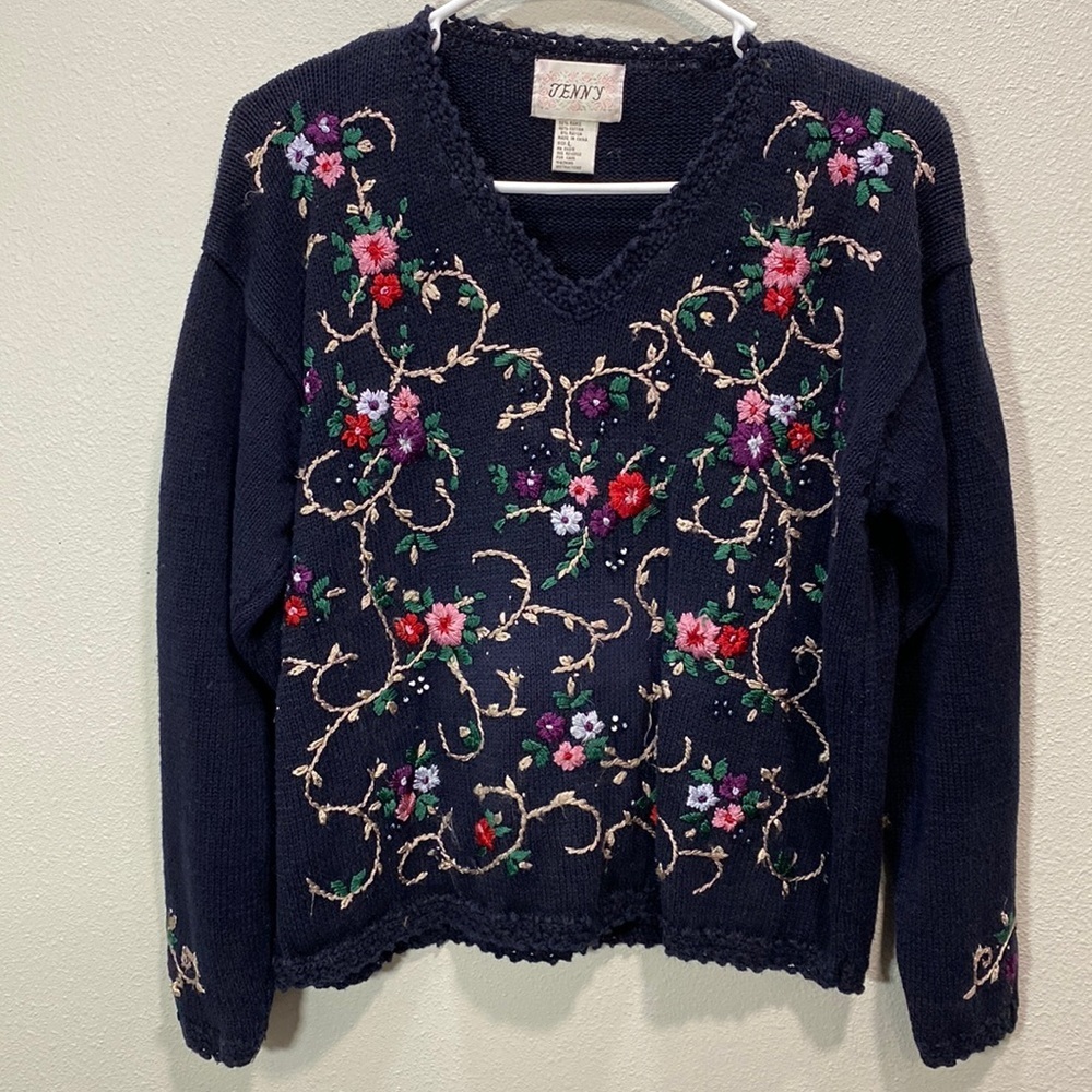 Vintage Jenny‎ embroidered sweater navy floral beaded